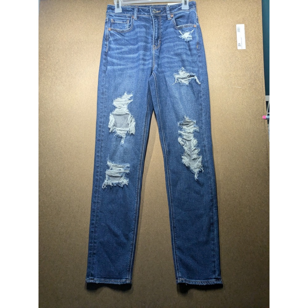American Eagle Mom Jean Stretch High Rise Distressed Blue Denim 2 Long 26W